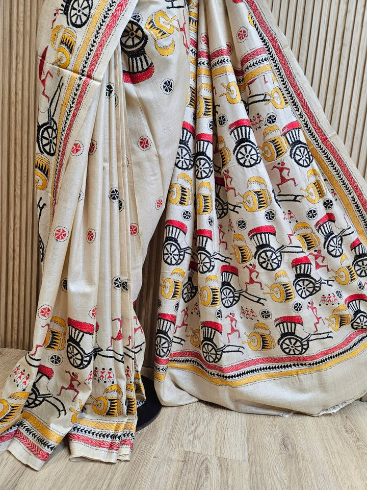 Minimalist Marvel: Beige & Multi Color Pure Tussar Kantha Stitch Silk Saree from Balaram Saha Balaram Saha