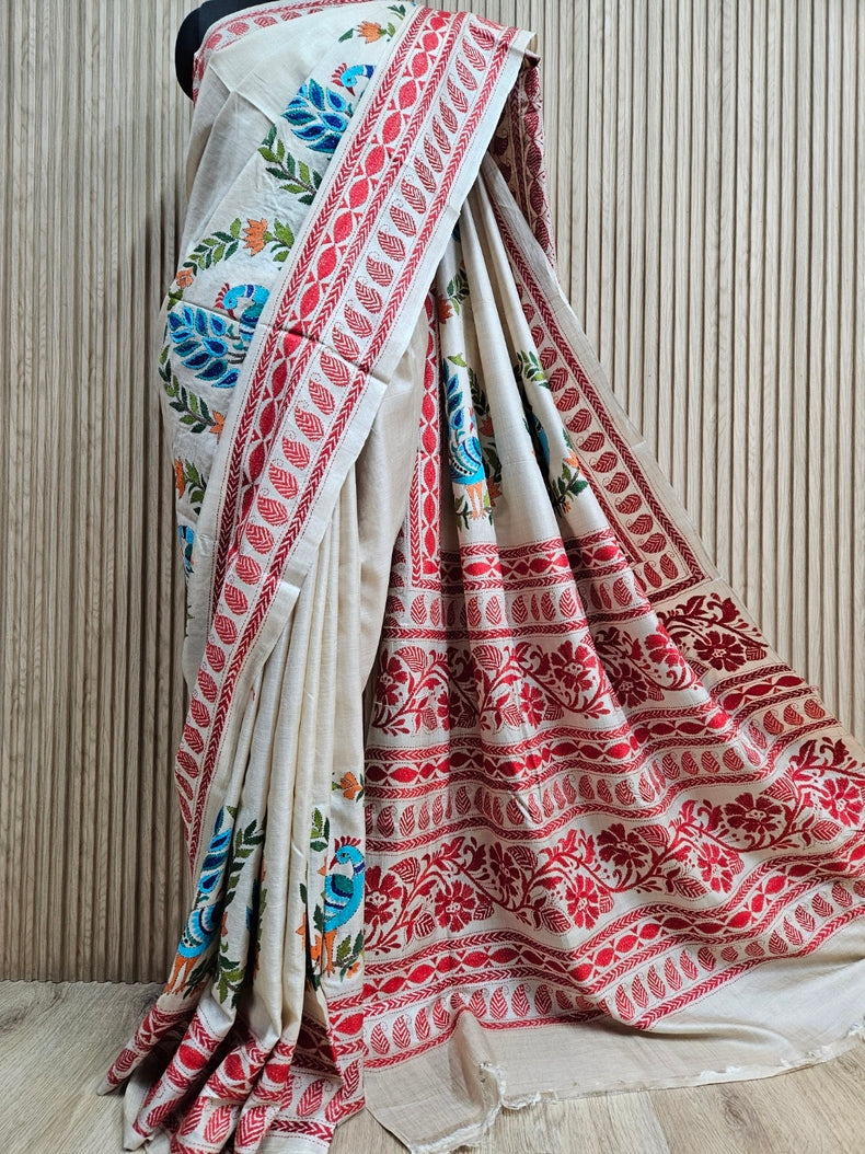 Masterpiece of Artistry: Biege & Rust Tussar Silk Kantha Stitch Saree Balaram Saha Balaram Saha