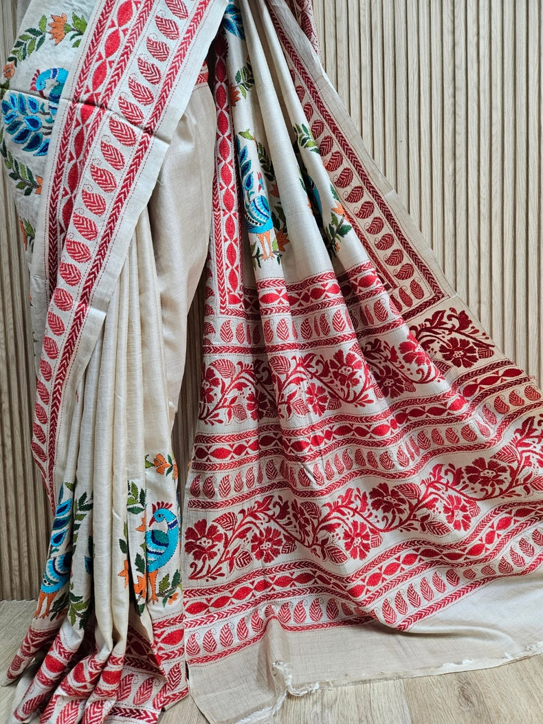 Masterpiece of Artistry: Biege & Rust Tussar Silk Kantha Stitch Saree Balaram Saha Balaram Saha