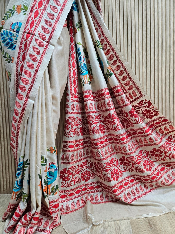 Masterpiece of Artistry: Biege & Rust Tussar Silk Kantha Stitch Saree Balaram Saha Balaram Saha
