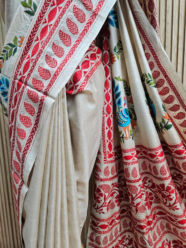 Masterpiece of Artistry: Biege & Rust Tussar Silk Kantha Stitch Saree Balaram Saha Balaram Saha