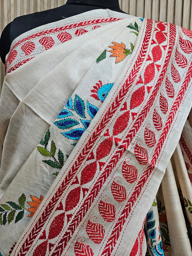 Masterpiece of Artistry: Biege & Rust Tussar Silk Kantha Stitch Saree Balaram Saha Balaram Saha