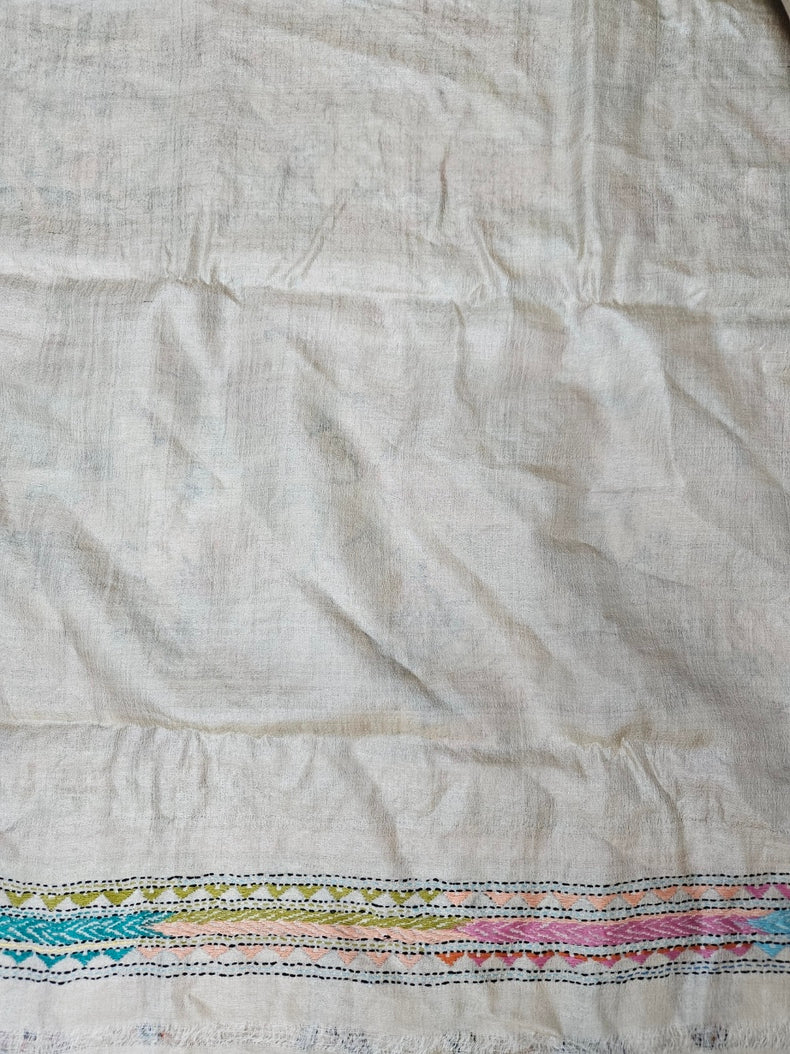 Luxurious Crean & Multicolor Handstitched Kantha Silk Saree from Balaram Saha Balaram Saha