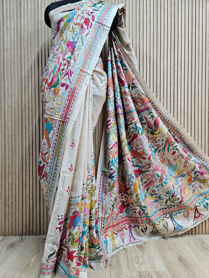 Luxurious Crean & Multicolor Handstitched Kantha Silk Saree from Balaram Saha Balaram Saha