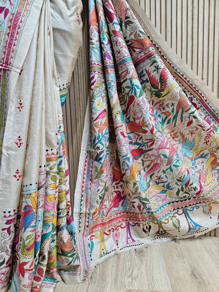 Luxurious Crean & Multicolor Handstitched Kantha Silk Saree from Balaram Saha Balaram Saha