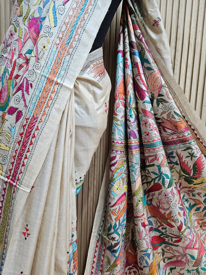 Luxurious Crean & Multicolor Handstitched Kantha Silk Saree from Balaram Saha Balaram Saha