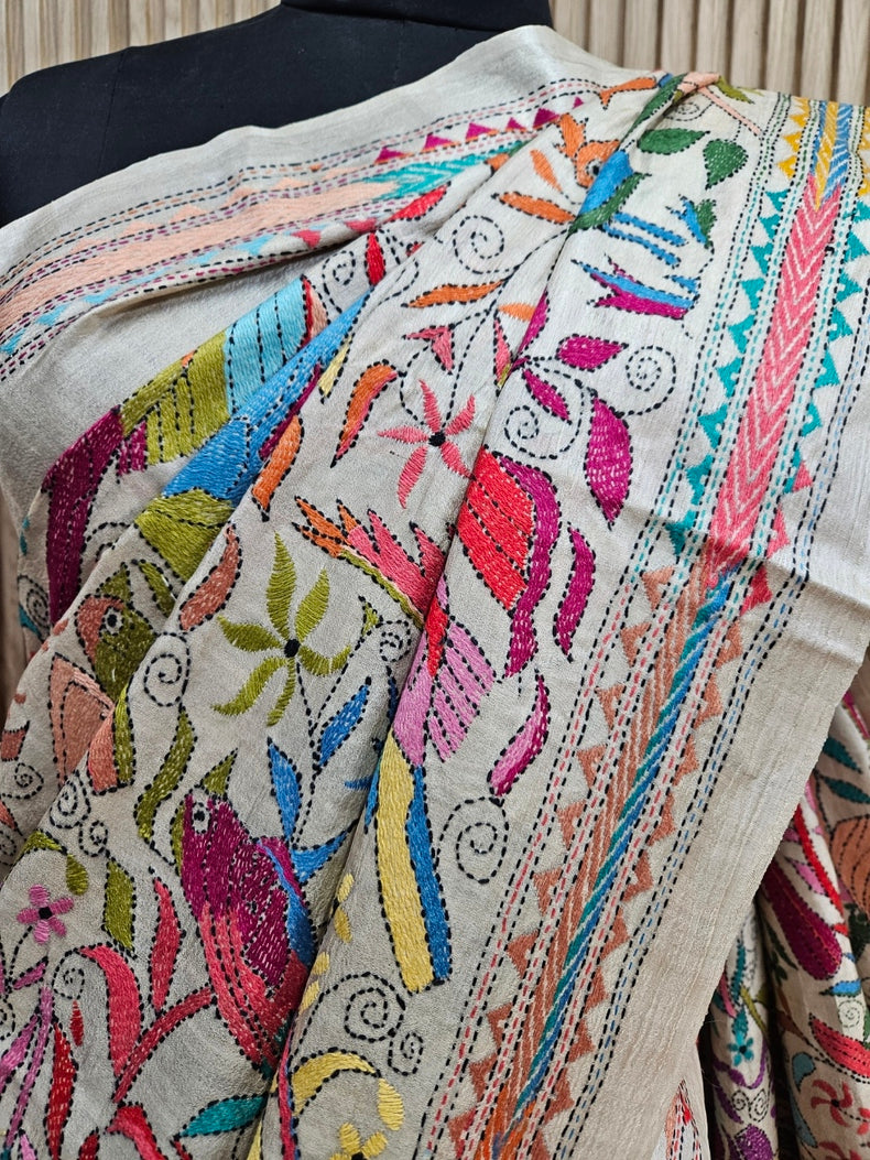 Luxurious Crean & Multicolor Handstitched Kantha Silk Saree from Balaram Saha Balaram Saha