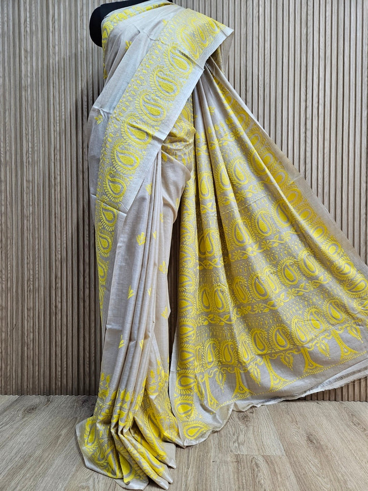 Luxurious Cream Tussar Silk with Handcrafted Kantha by Balaram Saha Balaram Saha