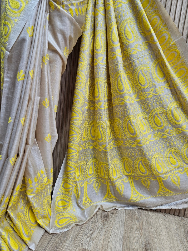 Luxurious Cream Tussar Silk with Handcrafted Kantha by Balaram Saha Balaram Saha