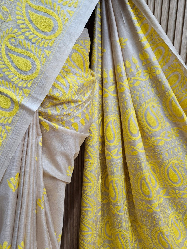 Luxurious Cream Tussar Silk with Handcrafted Kantha by Balaram Saha Balaram Saha