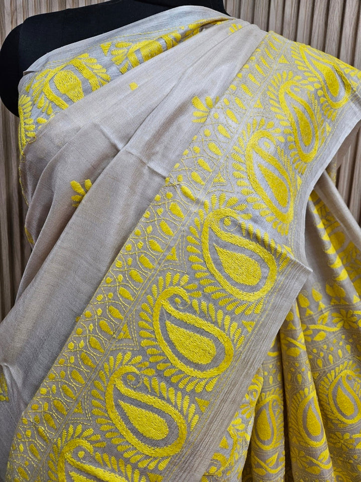 Luxurious Cream Tussar Silk with Handcrafted Kantha by Balaram Saha Balaram Saha