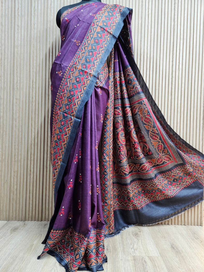 A Timeless Statement: Purple & Black Handloom Tussar Silk Kantha Saree by Balaram Saha Balaram Saha