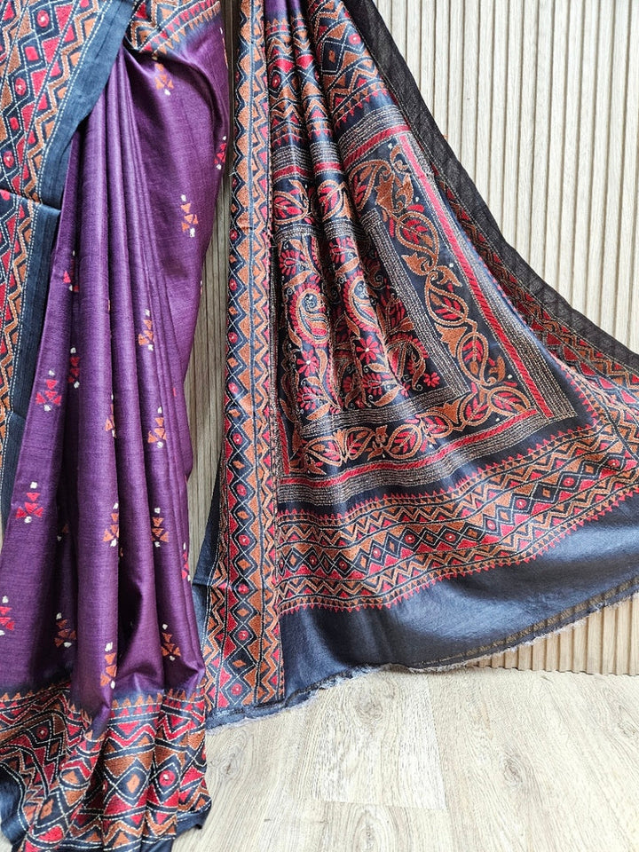 A Timeless Statement: Purple & Black Handloom Tussar Silk Kantha Saree by Balaram Saha Balaram Saha