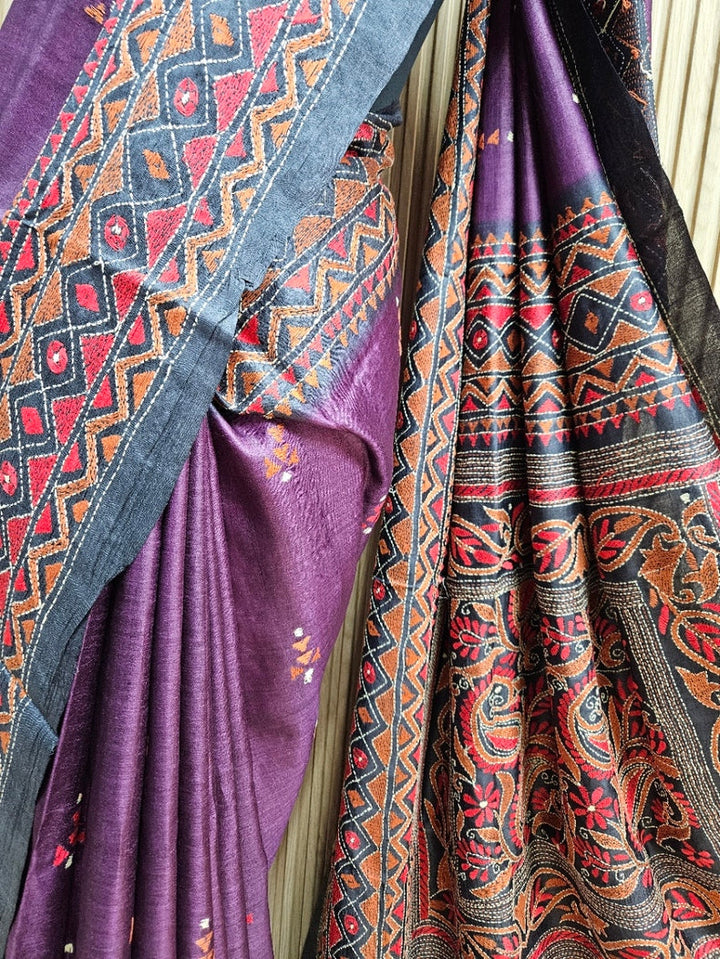 A Timeless Statement: Purple & Black Handloom Tussar Silk Kantha Saree by Balaram Saha Balaram Saha