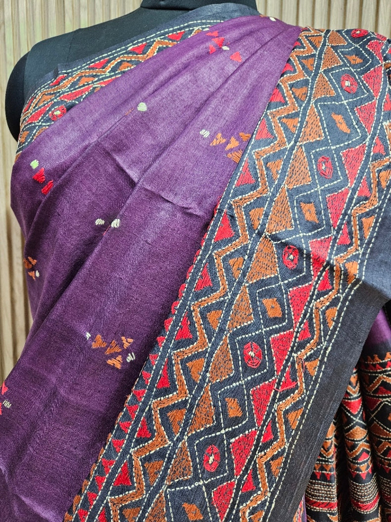 A Timeless Statement: Purple & Black Handloom Tussar Silk Kantha Saree by Balaram Saha Balaram Saha
