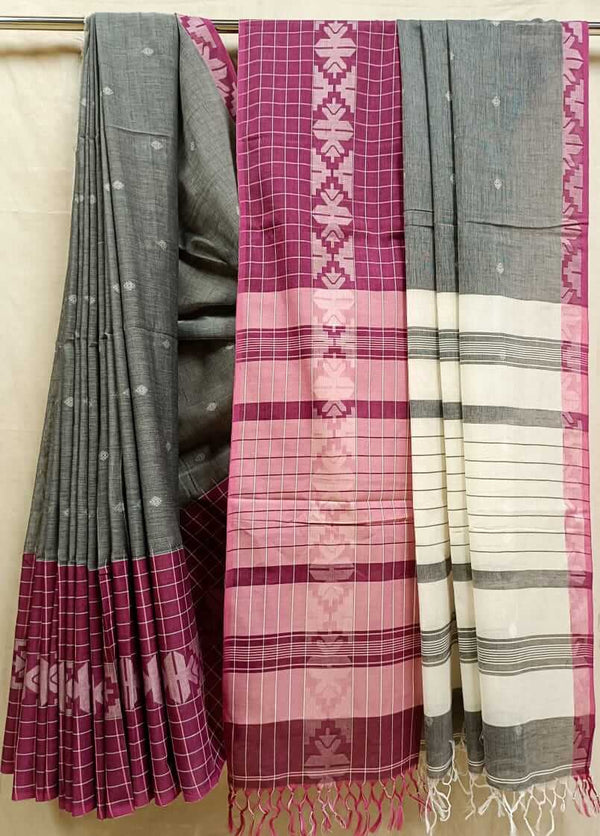 Grey & Pink  pink Border handloom Soft Cotton saree Balaram Saha