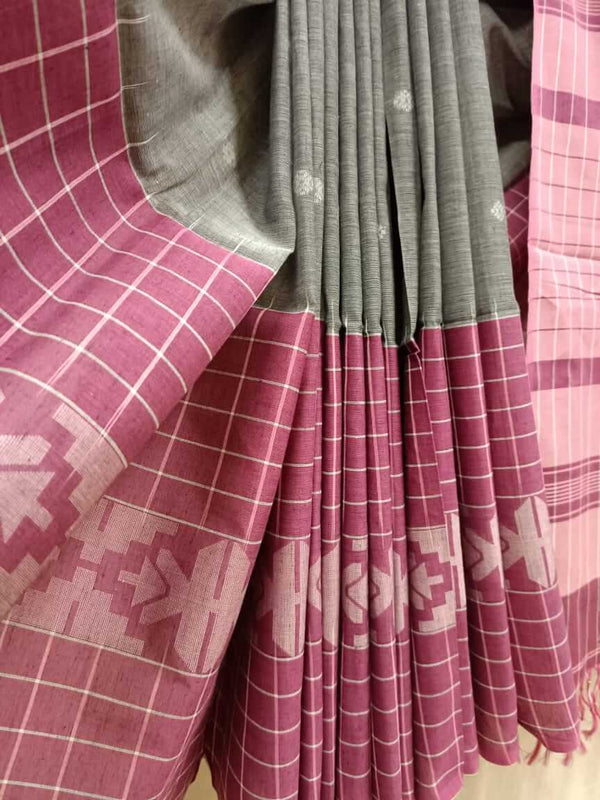 Grey & Pink  pink Border handloom Soft Cotton saree Balaram Saha