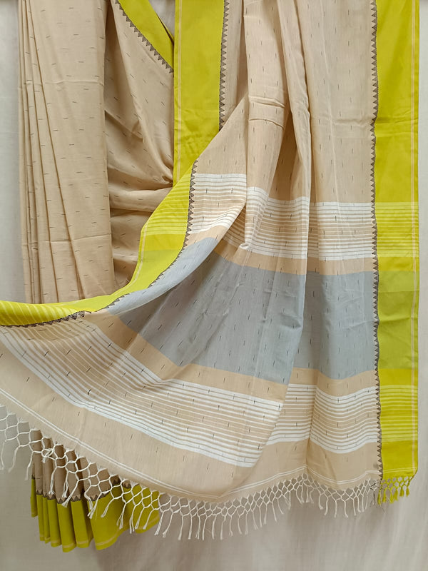 Beige Soft Handloom Cotton Saree Contrast Border Balaram Saha