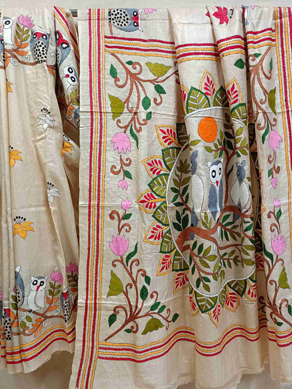 Pure Tussar Silk Kantha Stitch saree with Multi Colour cute Owls 🦉 Handstitched Balaram Saha