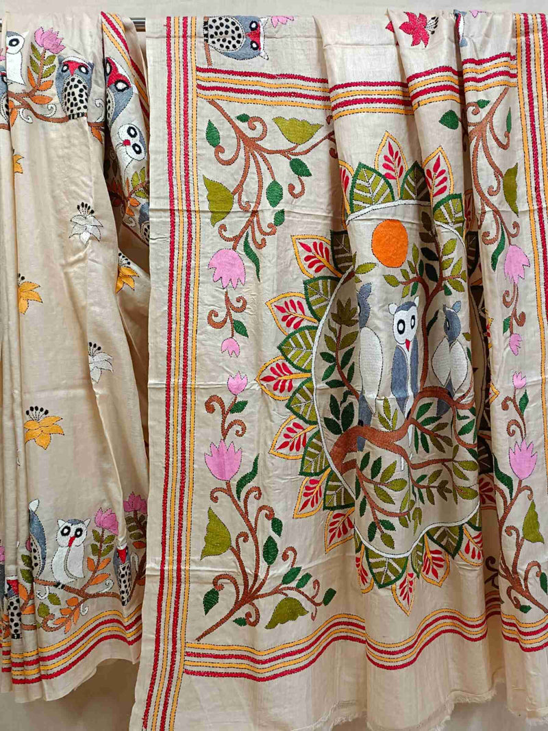 Off White Bengali Pure Silk Kantha Embroidery Saree | Taneira Online Store