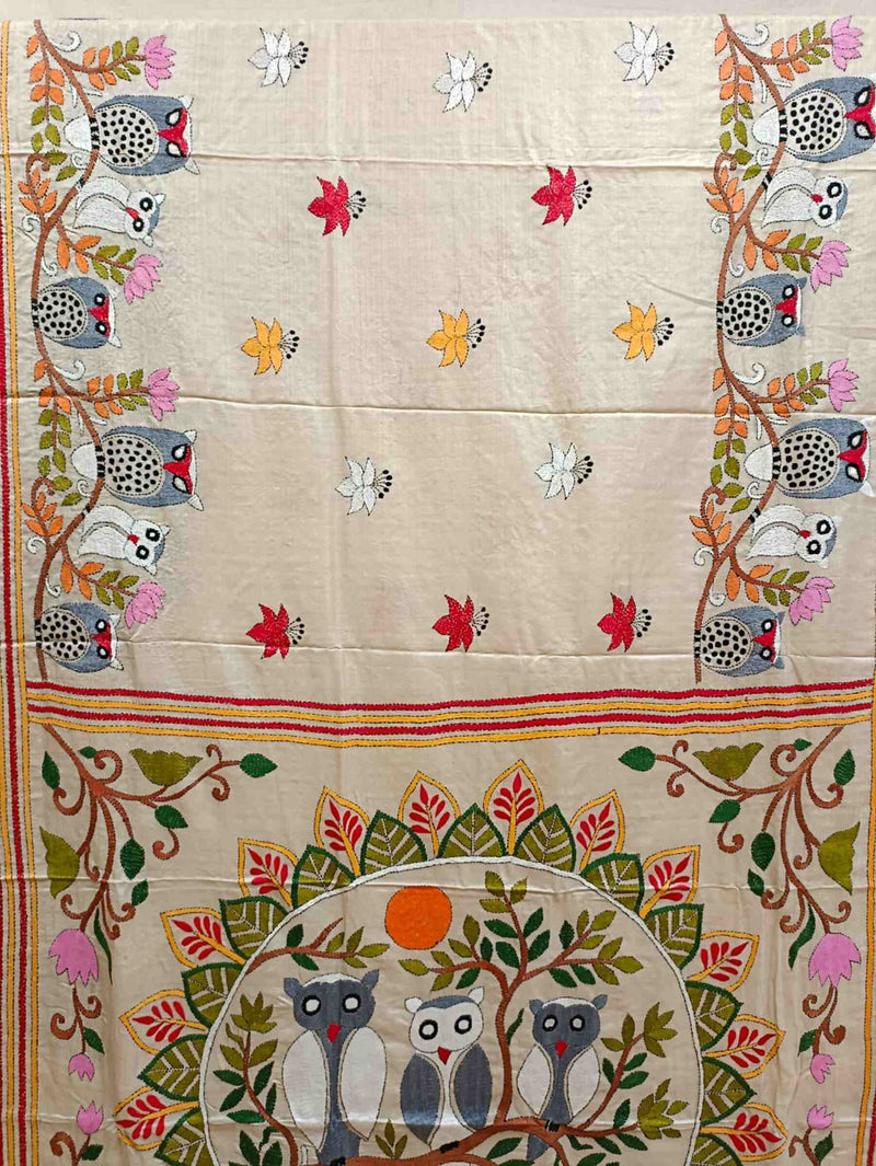 Pure Tussar Silk Kantha Stitch saree with Multi Colour cute Owls 🦉 Handstitched Balaram Saha