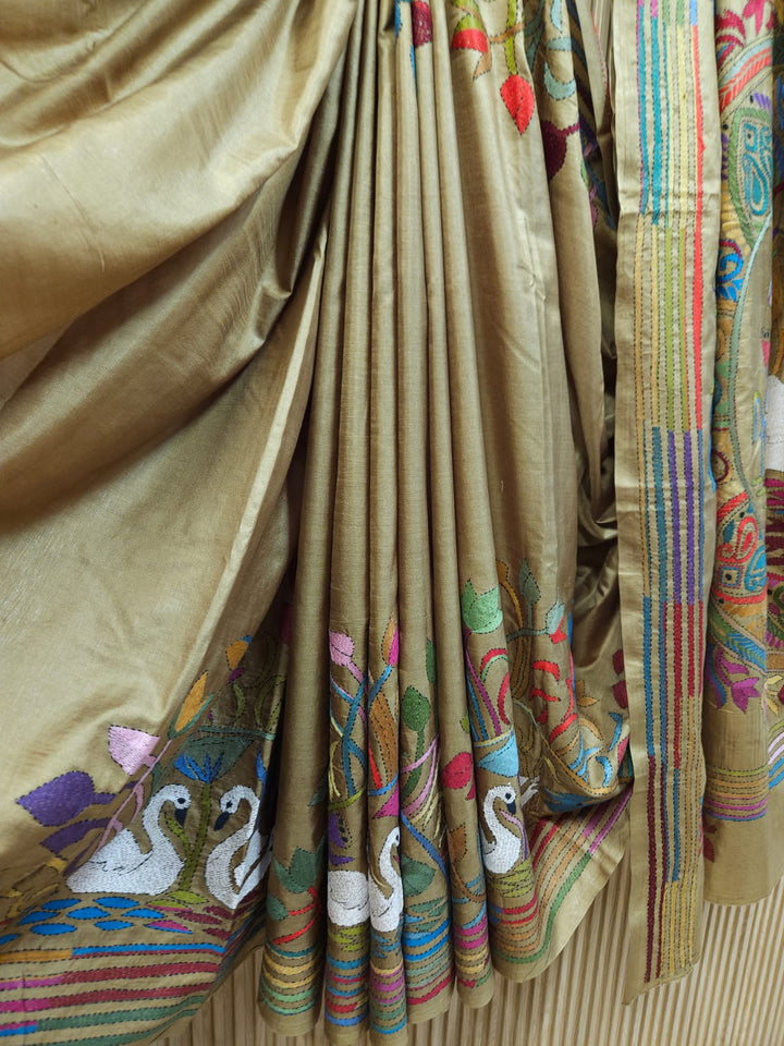 Exclusive Balaram Saha Olive Green & Multi Kantha Silk Saree Balaram Saha