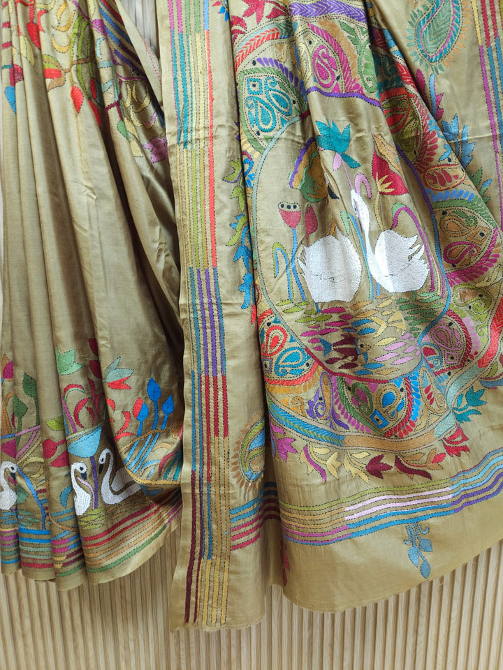 Exclusive Balaram Saha Olive Green & Multi Kantha Silk Saree Balaram Saha