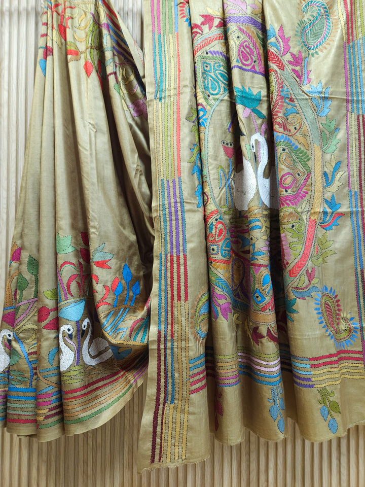 Exclusive Balaram Saha Olive Green & Multi Kantha Silk Saree Balaram Saha