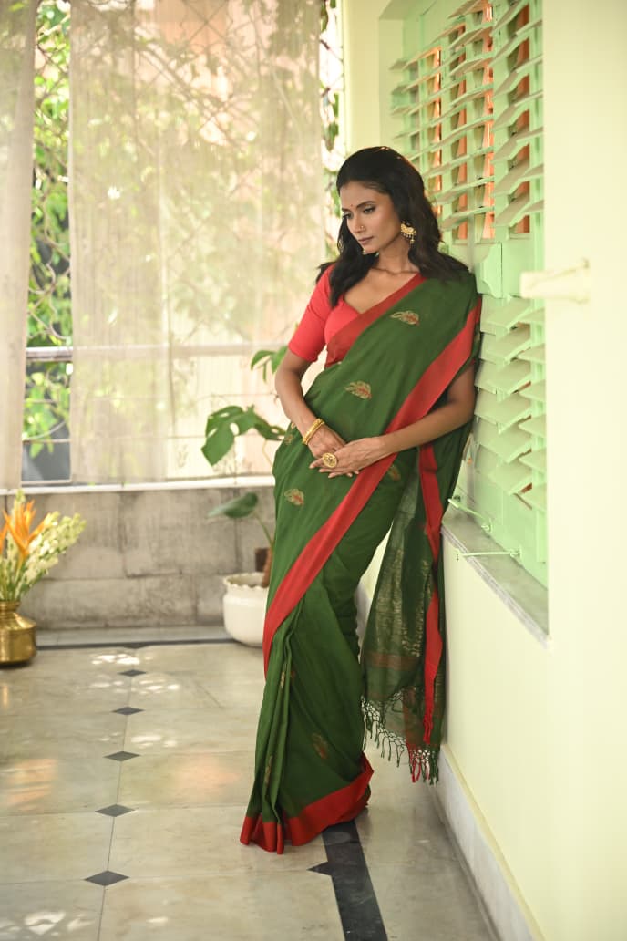 Balaram Saha's Nature's Embrace: Soft Green Handloom Cotton Saree Balaram Saha