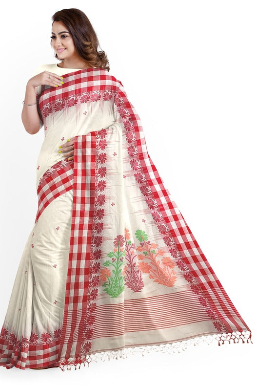 White & Red soft cotton saree with check & floral weave border Balaram Saha