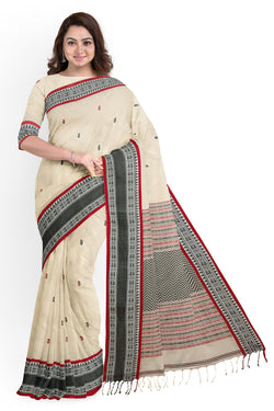 White, Black & Red soft cotton handloom saree Balaram Saha