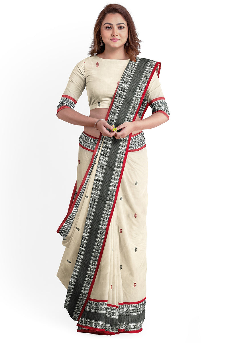 White, Black & Red soft cotton handloom saree Balaram Saha