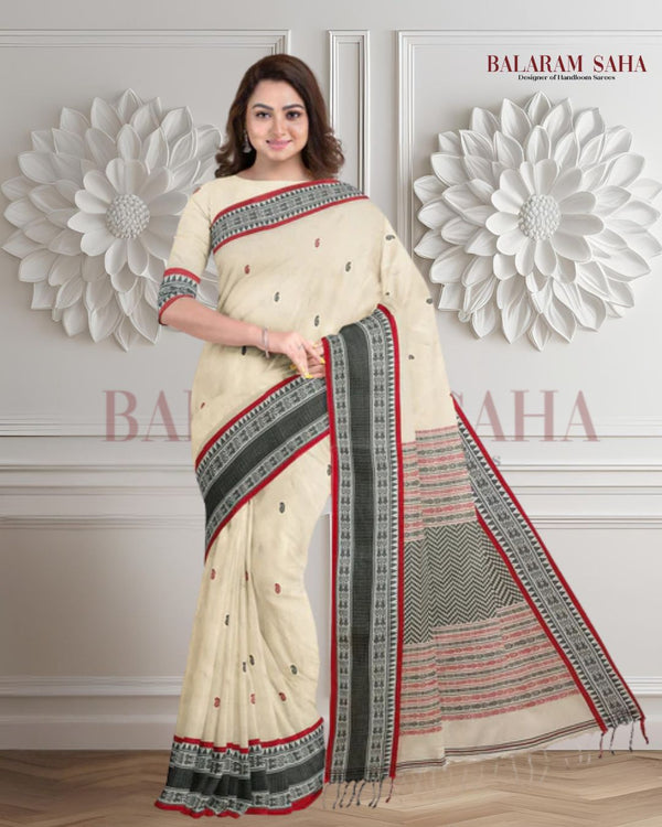 White, Black & Red soft cotton handloom saree Balaram Saha