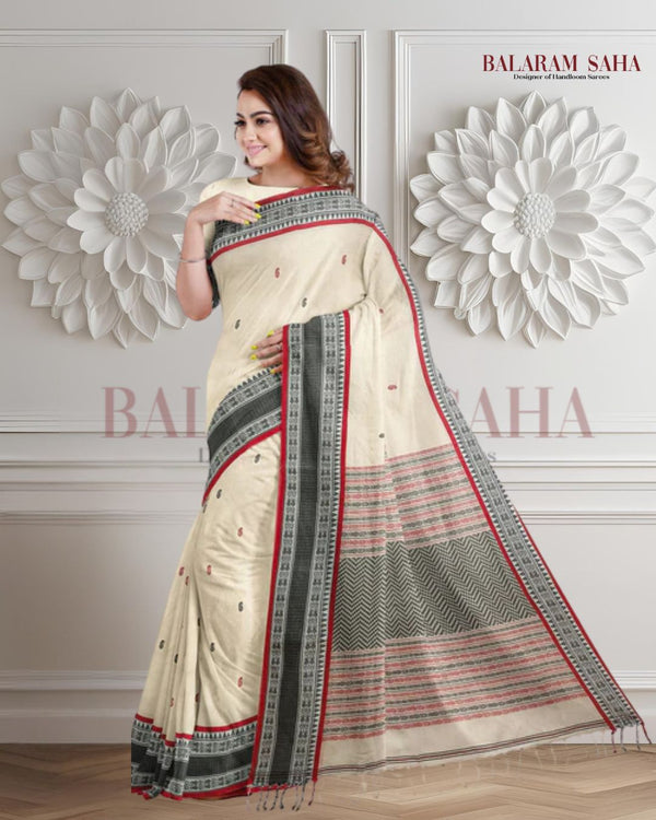 White, Black & Red soft cotton handloom saree Balaram Saha