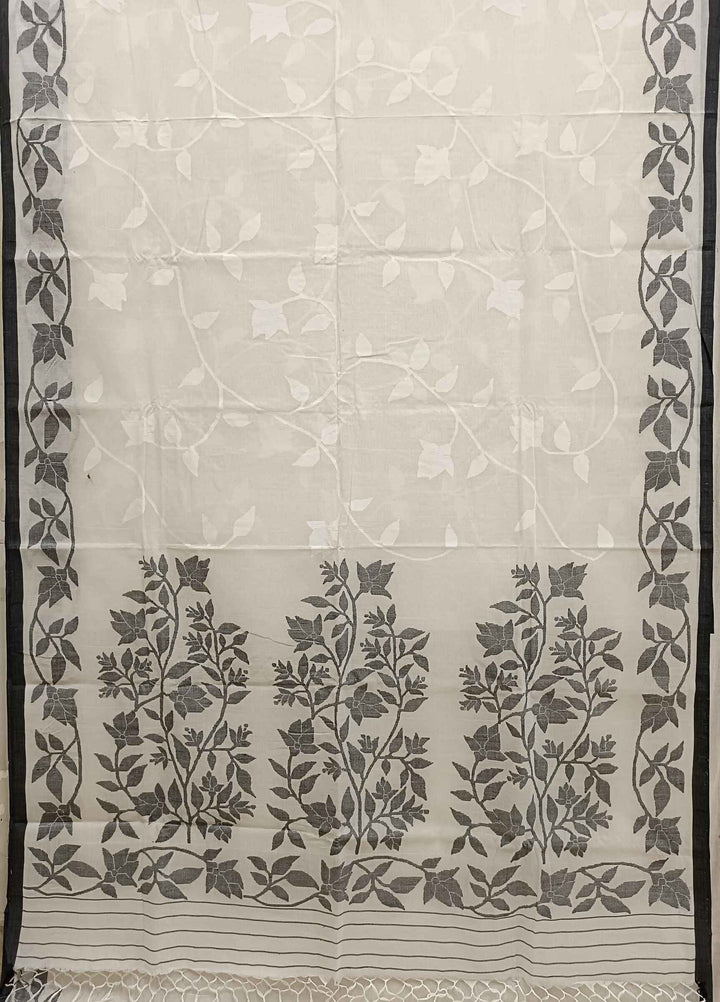 WHITE & BLACK FINE COTTON HANDWOVEN DHAKAI JAMDANI SAREE Balaram Saha