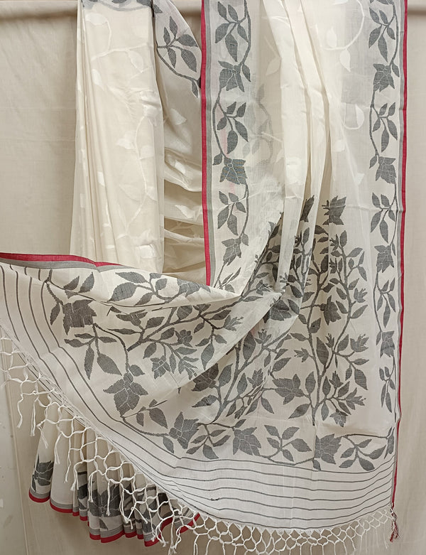 White & Black Fine Cotton Handwoven Dhakai Jamdani Saree Balaram Saha