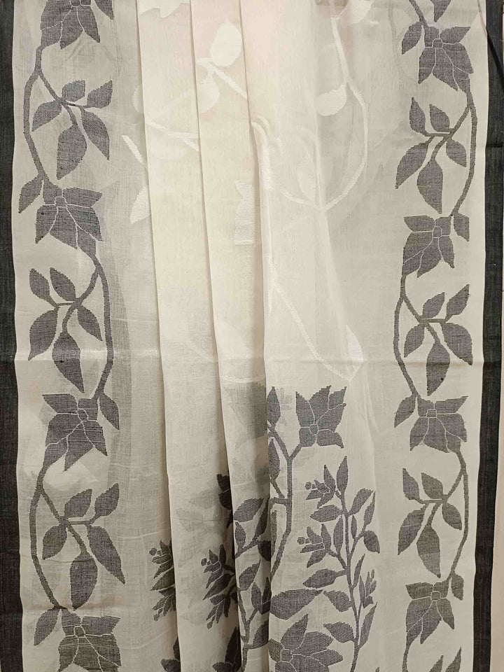 WHITE & BLACK FINE COTTON HANDWOVEN DHAKAI JAMDANI SAREE Balaram Saha