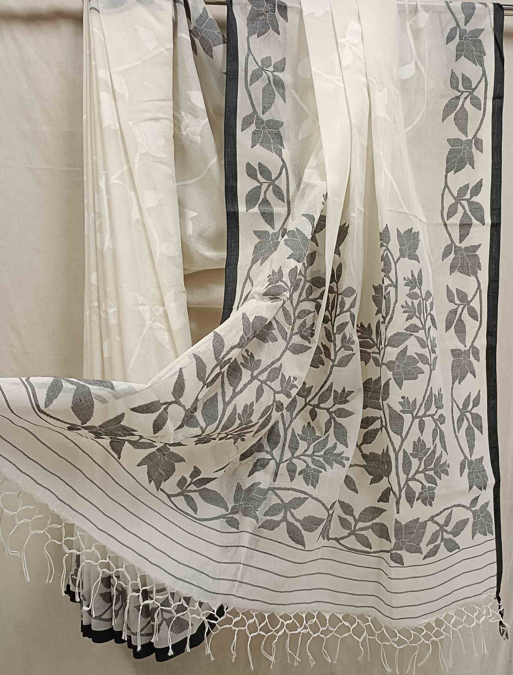 WHITE & BLACK FINE COTTON HANDWOVEN DHAKAI JAMDANI SAREE Balaram Saha