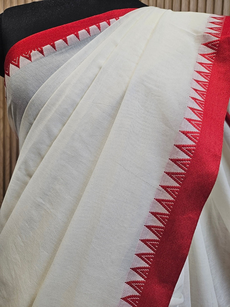 Off-White Soft Handloom Cotton Saree with Red Woven Temple Border Balaram Saha