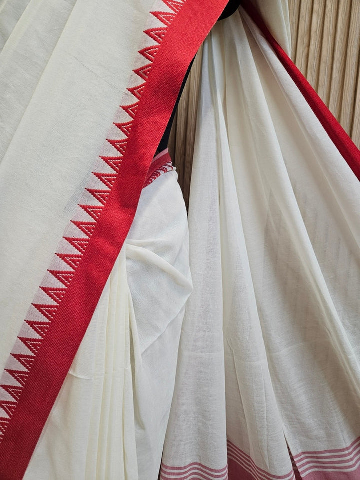 Off-White Soft Handloom Cotton Saree with Red Woven Temple Border Balaram Saha