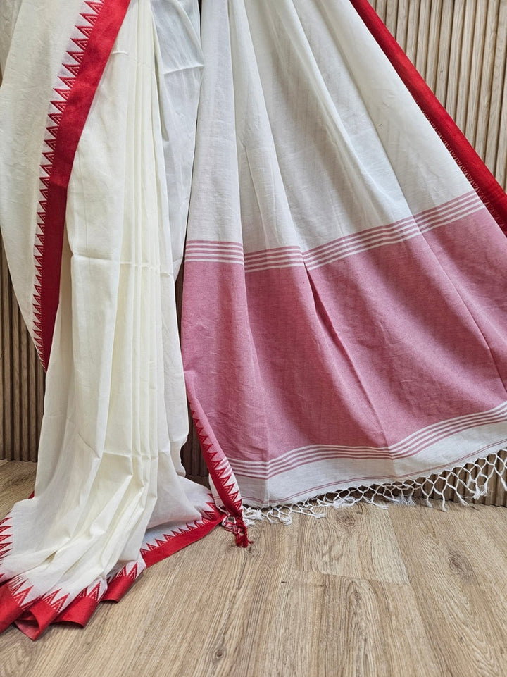 Off-White Soft Handloom Cotton Saree with Red Woven Temple Border Balaram Saha