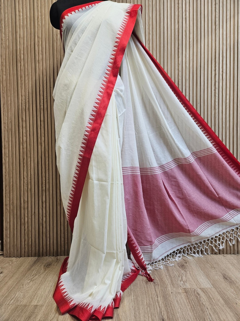 Off-White Soft Handloom Cotton Saree with Red Woven Temple Border Balaram Saha