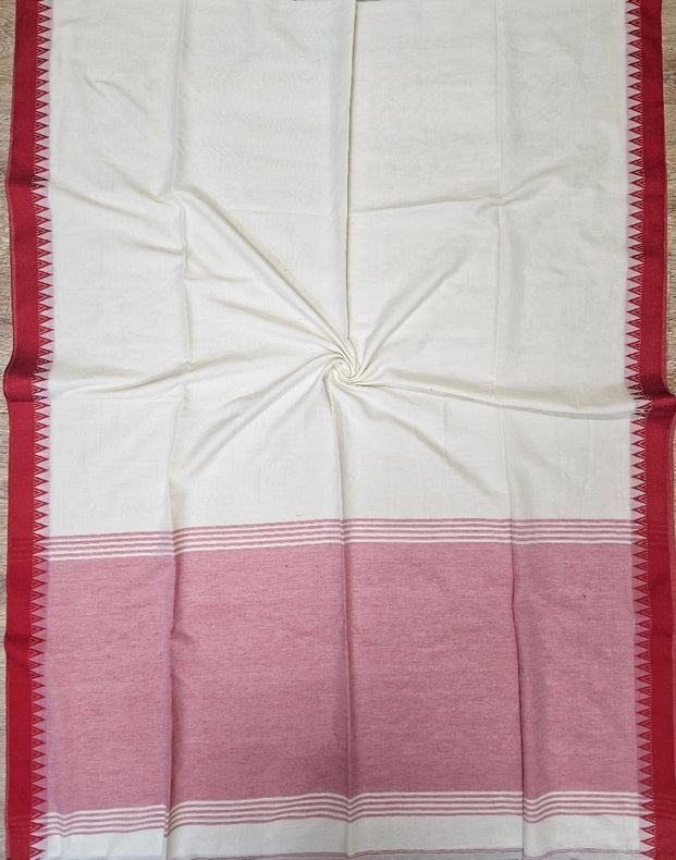 Off-White Soft Handloom Cotton Saree with Red Woven Temple Border Balaram Saha