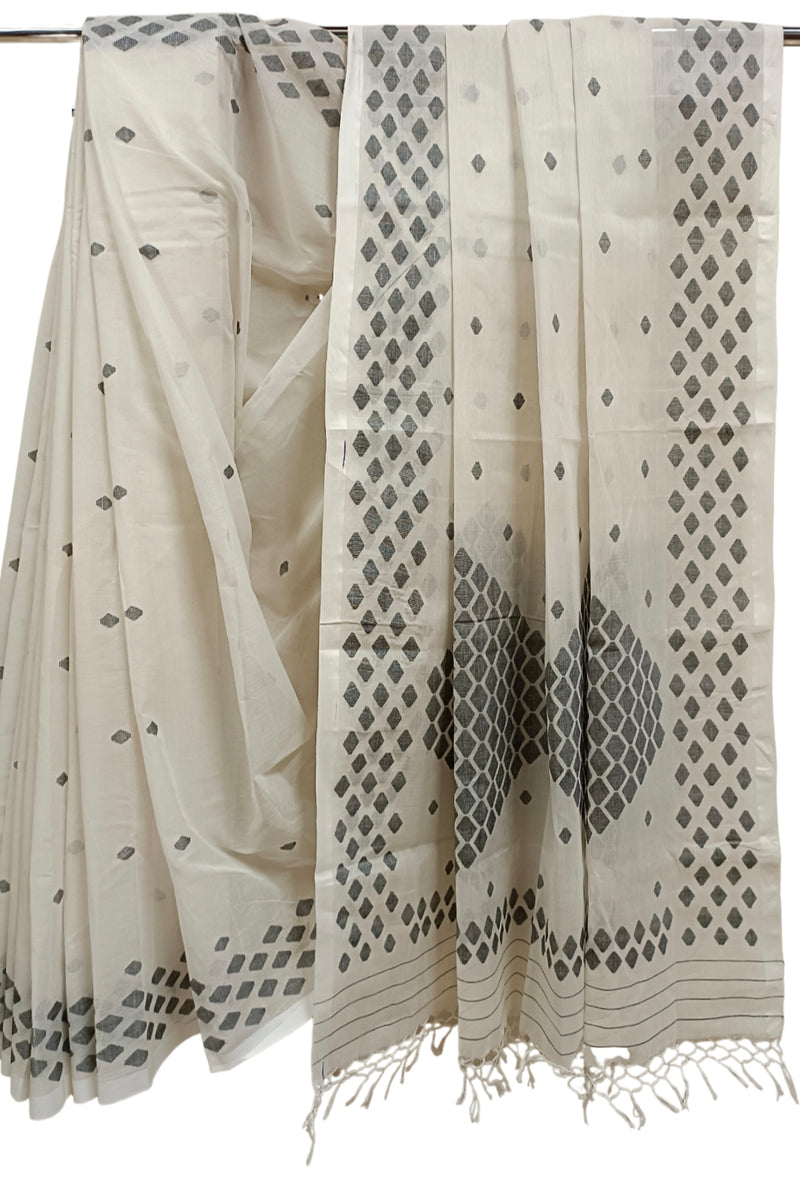 White & Black Handloom Handwoven Cotton Jamdani Saree Balaram Saha