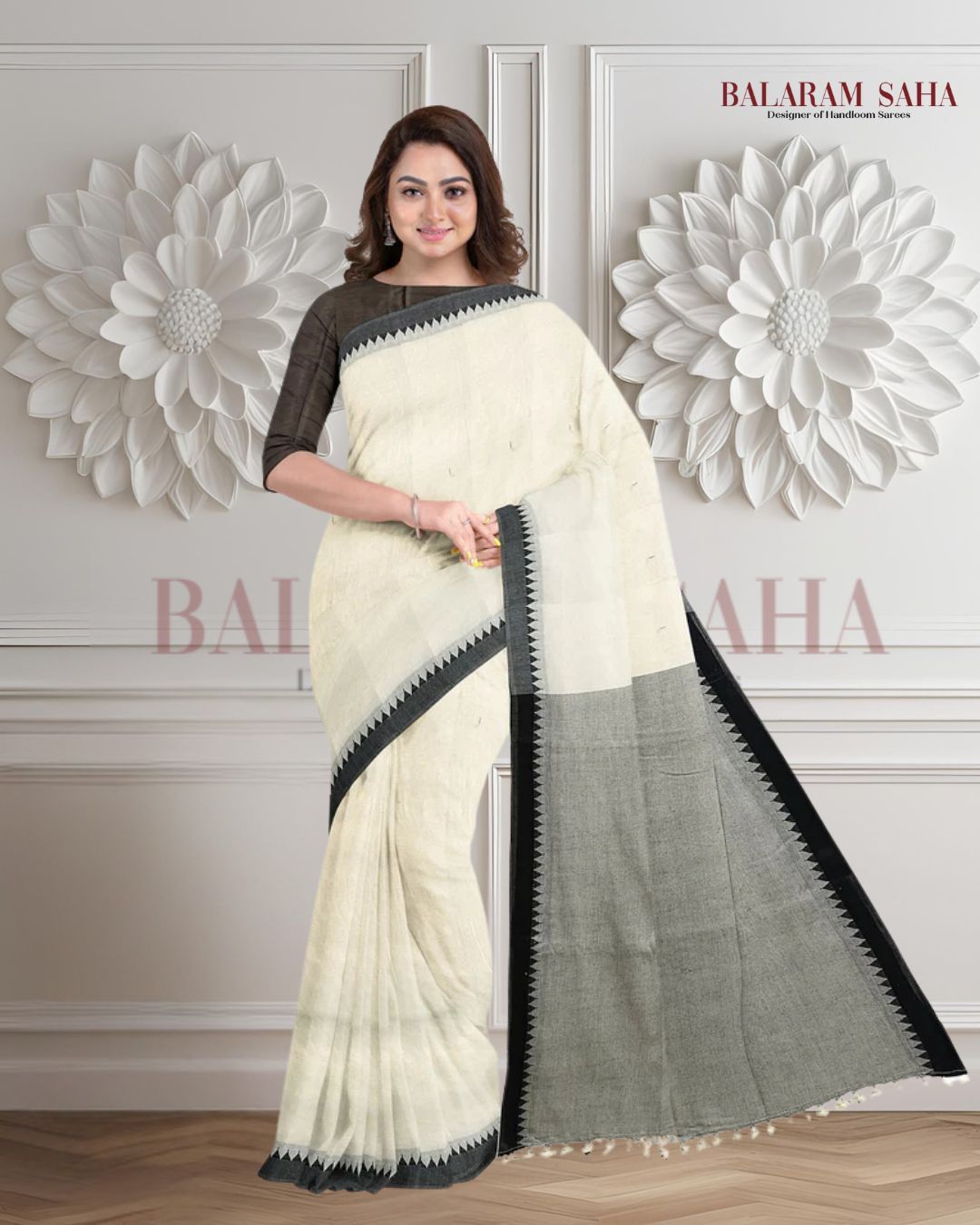 Off White & Black Soft Handloom Cotton Saree Balaram Saha
