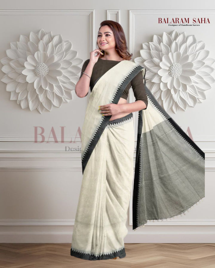 Off White & Black Soft Handloom Cotton Saree Balaram Saha