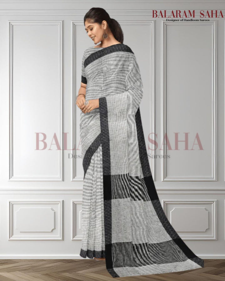 Balaram Saha: White & Black Checks Cotton Saree - A Handwoven Gem Balaram Saha