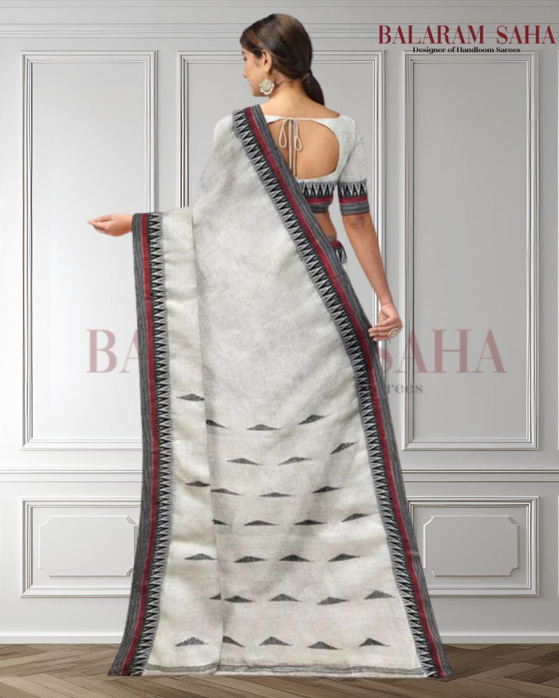 White & Black Handloom Linen Saree by Balaram Saha -  (balaram saha handloom saree store, balaram saha saree, balaram saha online, balaram saha saree online, balaram saha gariahat)
