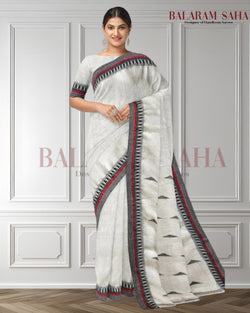 White & Black Handloom Linen Saree by Balaram Saha Balaram Saha