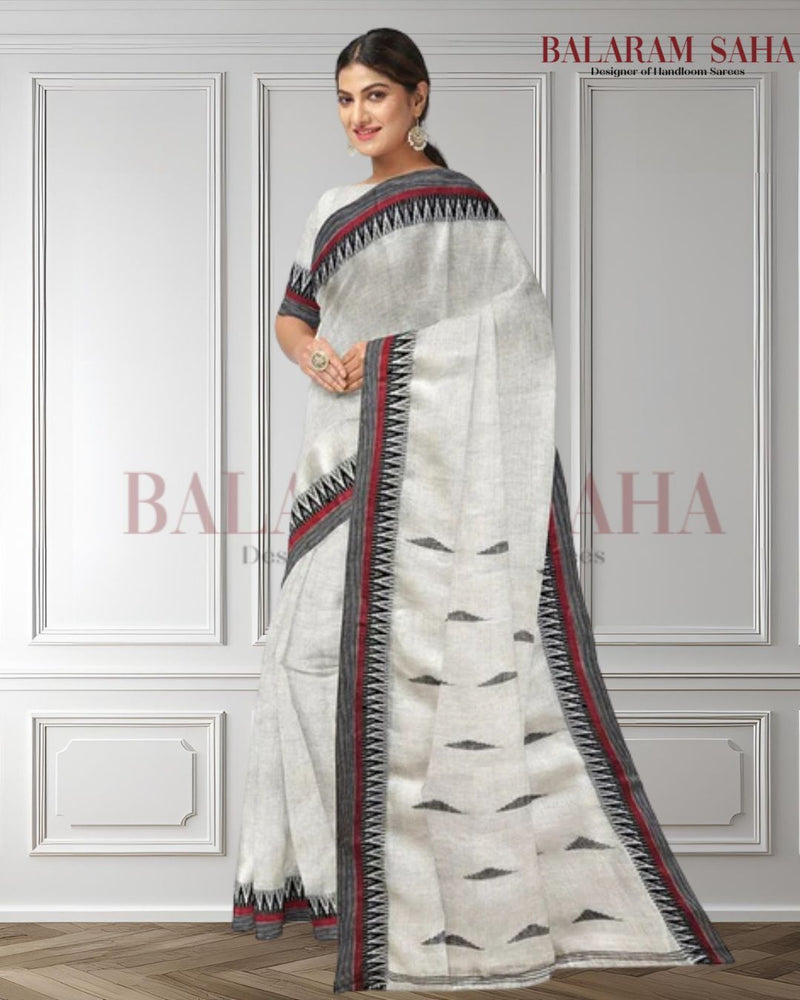 White & Black Handloom Linen Saree by Balaram Saha Balaram Saha